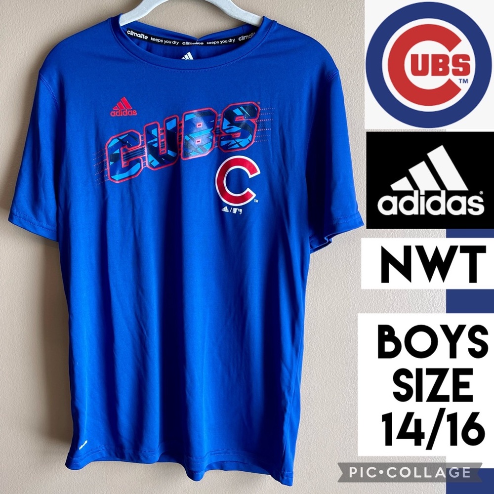 NWT CHICAGO CUBS Boys T-Shirt Short Sleeve Baseball Adidas Quick Dry L 14/16